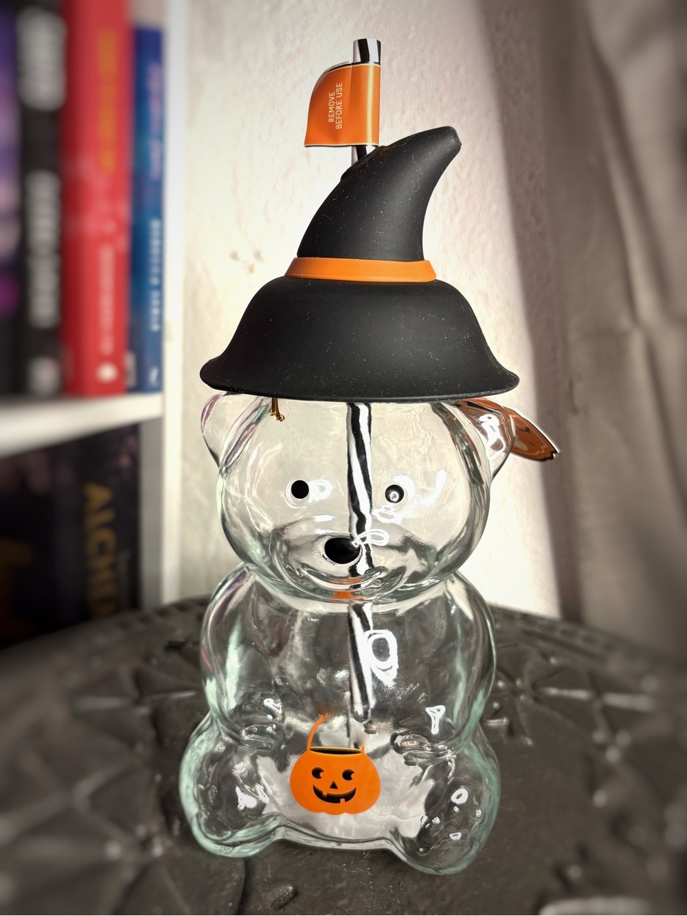 Halloween Glass Bear Tumbler With Removable Witch Hat Black and Orange 19oz